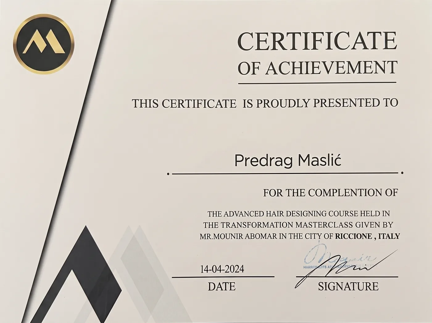 Certifikat: Advanced Hair Designing, Transformation Masterclass, Mounir Abomar, Riccione, Italija