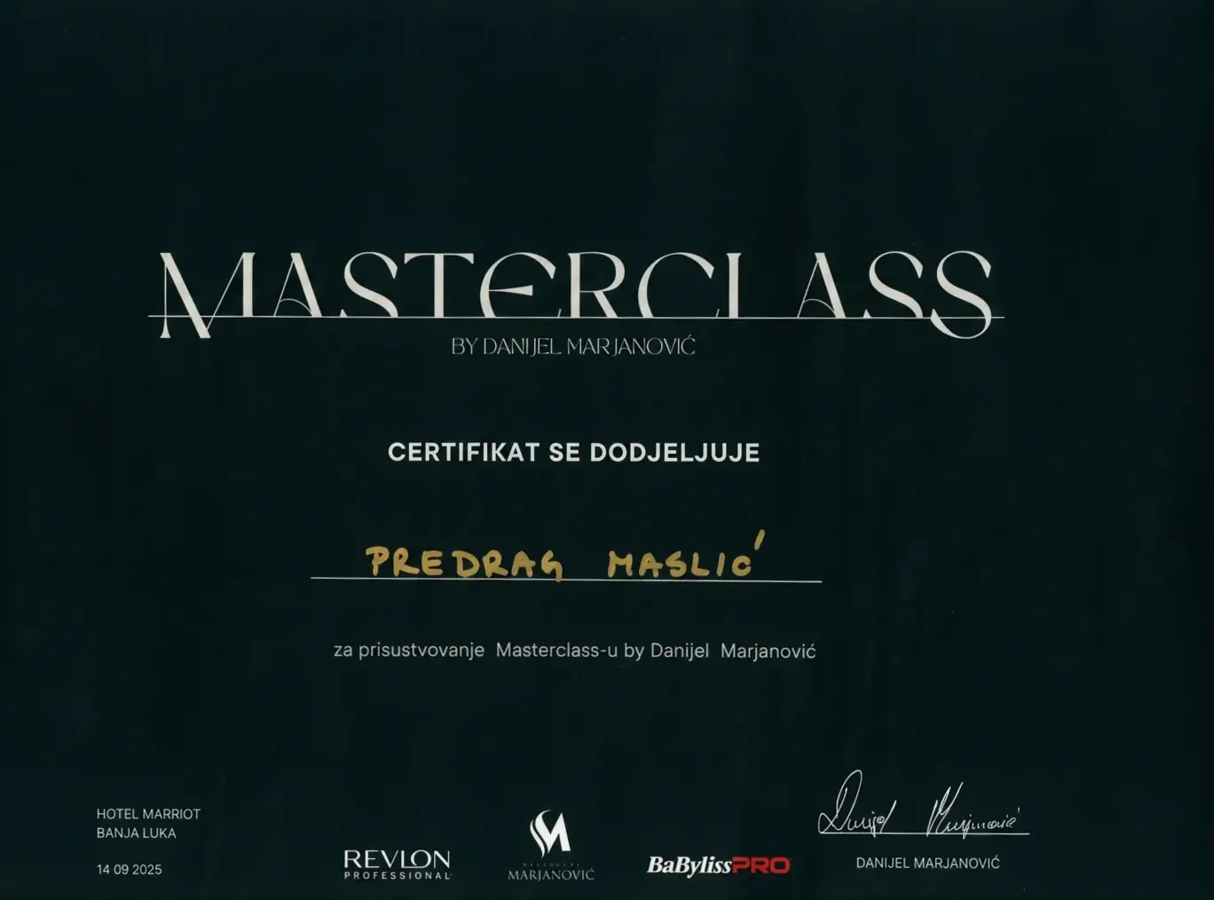 Certifikat: Danijel Marjanović, Masterclass, Banja Luka
