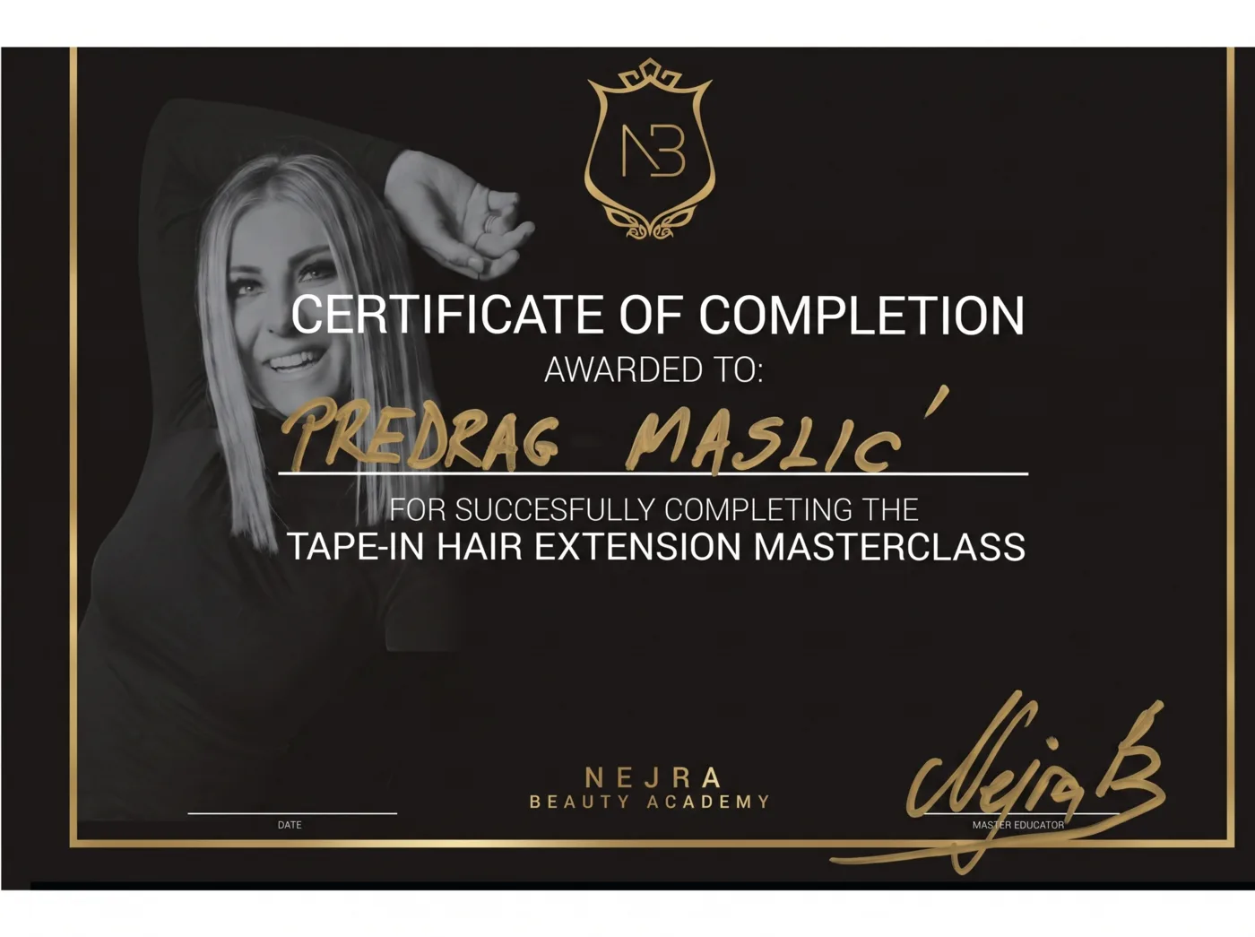 Certifikat: Tape-in Hair Extension Masterclass, Nejra Beauty Academy
